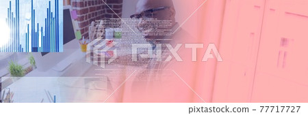 Composition of data processing over businessman working in office with pink background Composition of data processing over businessman working in office with pink background 77717727
