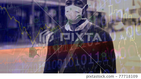 Composition of data processing and covid 19 cells over man wearing face mask in city 77718109