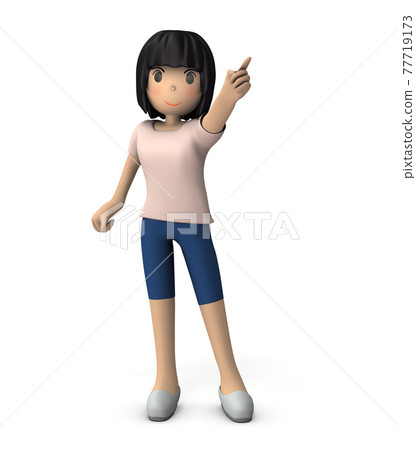 A young woman pointing at a goal. White background. 3D rendering. 77719173