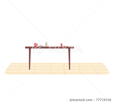 Wooden table with colored sweets, red cup with coffee, glass of juice with straw, and dice 77719336