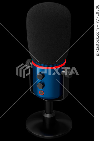 3D rendering of blue studio condenser microphone isolated on black background 77719506