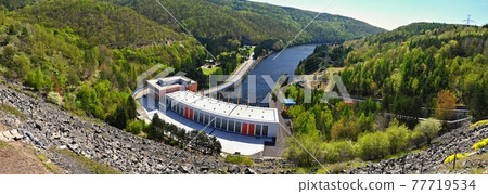 The Dalesice pumped - storage hydroelectric power station on the Jihlava river. Dam with landscape in the Czech Republic 77719534