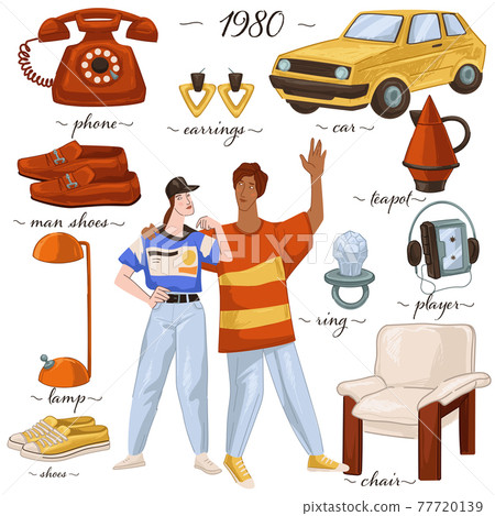 Fashion and clothes, furniture and objects of 80s Fashion and clothes, furniture and objects of 80s 77720139