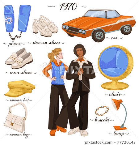 Fashion and clothes, furniture and objects of 70s Fashion and clothes, furniture and objects of 70s 77720142