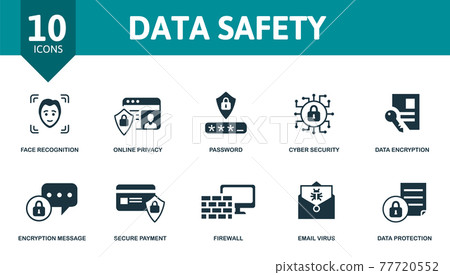 Data Safety icon set. Contains editable icons internet security theme such as face recognition, password, data encryption and more. Data Safety icon set. Contains editable icons internet security theme such as face recognition, password, data encryption and more. 77720552