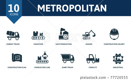 Metropolitan icon set. Contains editable icons industrial theme such as cement truck, safe production, construction helmet and more. 77720555