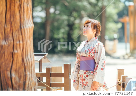 A woman in a yukata worshiping a sacred tree A woman in a yukata worshiping a sacred tree 77721147
