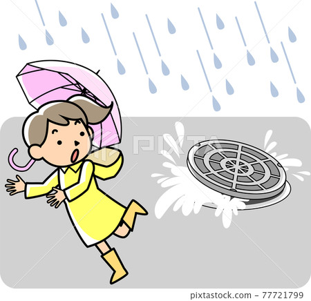 A manhole and a surprised woman whose rainwater blows up due to heavy rain 77721799