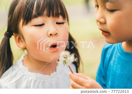 Two kids blowing dandelion fluff Two kids blowing dandelion fluff 77722013