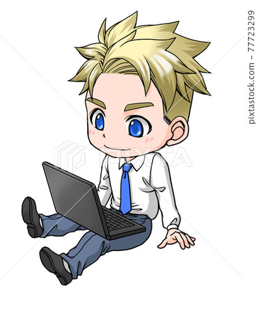 Blond man in a long-sleeved shirt with a computer on his feet 77723299