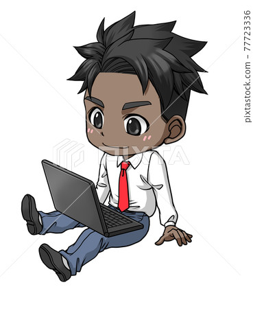 一位身穿長袖襯衫、腳上有電腦的男性上班族 77723336