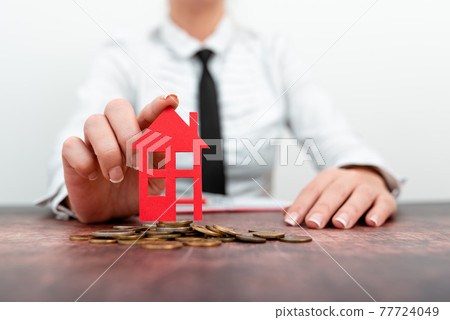 Lady Presenting New Home Savings Deals In Outfit, Business Woman Showing Possible Investment Oppurtiunities For New House, Mortegage Installments Exhibits For Recent Apartments Sales 77724049