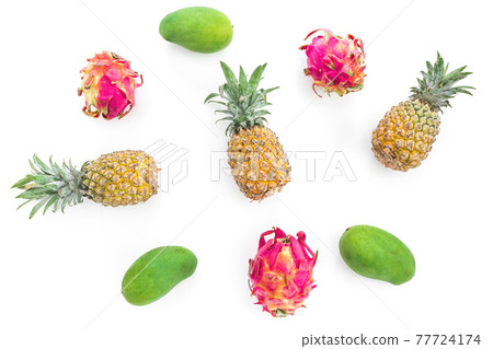 Fruit concept with pineapple, mango and dragon fruits on white background. Flat lay, top view Fruit concept with pineapple, mango and dragon fruits on white background. Flat lay, top view 77724174