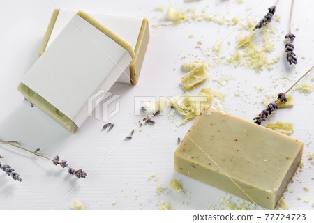 closeup of natural herbal soap mockup with lavender 77724723
