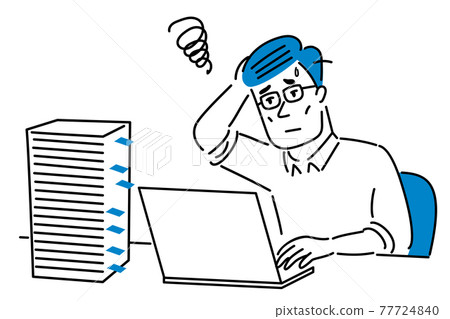 Illustration material of a man with glasses wrestling with a pile of materials 77724840