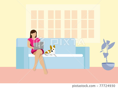 Young women stay home and work remotely Sitting on the sofa with your beloved dog Care about health Concepts of the COVID-19 epidemic 77724930