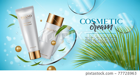 Banner of Natural skin care cosmetics with green leaves, realistic vector illustration 77728963
