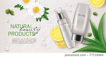 Banner of Natural skin care cosmetics with green plants, realistic vector illustration 77728964