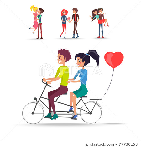 Concept of Couples in Love Ride Bicycle on White 77730158