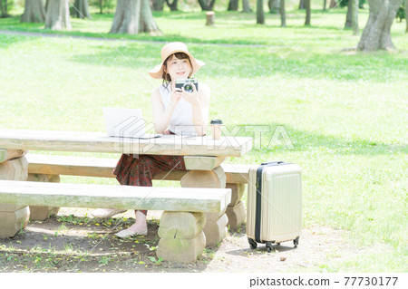 A young woman worcation in the fresh green A young woman worcation in the fresh green 77730177