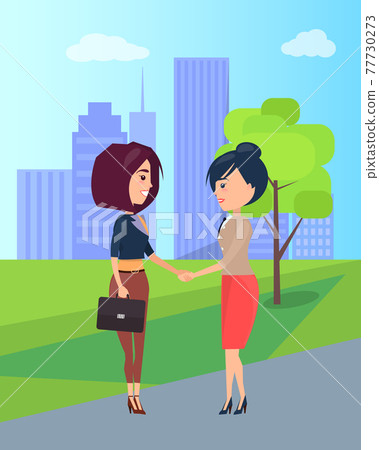 Two Cute Girls Isolated on Pretty City Landscape Two Cute Girls Isolated on Pretty City Landscape 77730273