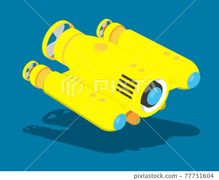 yellow autonomous underwater robot drone for seabed exploration and deep sea video filming. Cartoon vector yellow autonomous underwater robot drone for seabed exploration and deep sea video filming. Cartoon vector 77731604