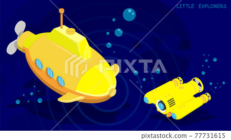 submarine and autonomous underwater robot drone conduct research and video filming of the seabed. Vector in cartoon style submarine and autonomous underwater robot drone conduct research and video filming of the seabed. Vector in cartoon style 77731615