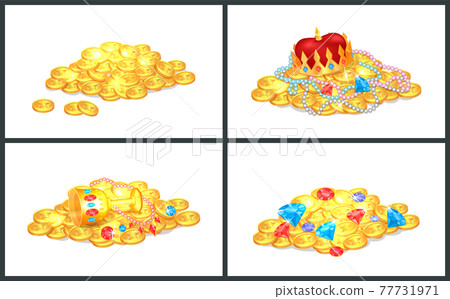 Ancient Precious Shiny Treasures in Big Heaps Set - Stock Illustration