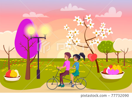 Boy and Girl Rides on Double Bicycle on Park Path Boy and Girl Rides on Double Bicycle on Park Path 77732090