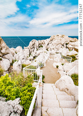 Scenery of Shirasaki Marine Park, Japan's Aegean Sea, where you can see the white limestone coast and the blue sea in Yura Town, Hidaka District, Wakayama Prefecture. 77732247