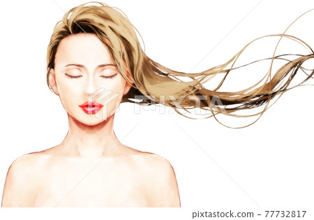 A photorealistic illustration of a beautiful woman with long hair fluttering in the wind and her eyes closed 77732817
