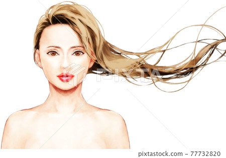 Photorealistic illustration of a beautiful woman with long hair fluttering in the wind 77732820