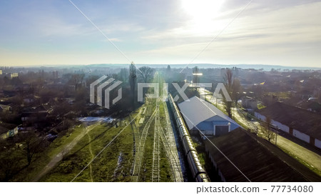 Aerial drone view of a railway station in a village in Moldova 77734080