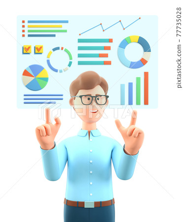 3D illustration of man creating a dashboard and interacting with graphs. 3D illustration of man creating a dashboard and interacting with graphs. 77735028