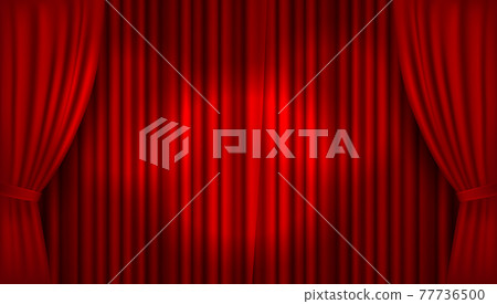 Vector realistic illuminated stage with open red velvet curtains 77736500