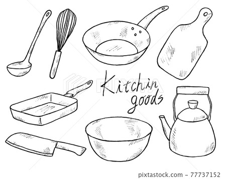 炊具和廚房用具的黑白手寫插圖圖像 炊具和廚房用具的黑白手寫插圖圖像 77737152