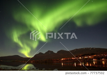 Green aurora borealis over the night sky of Norway 77737502