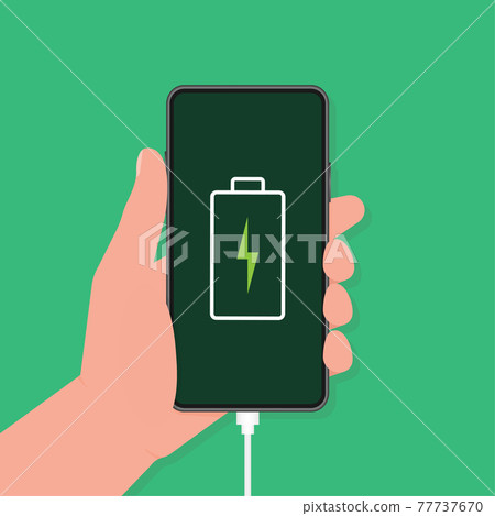 Discharged charged battery smartphone - vector infographic. Isolated on green background. 77737670