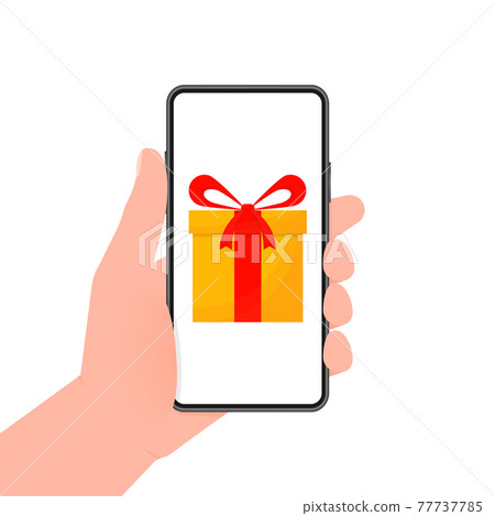 Hand holds phone with prizes box on screen. Vector illustration. Discount coupon icon and prizes box on smartphone. 77737785