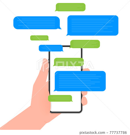 Hand holds phone with chat message on blue background. Vector illustration. 77737786