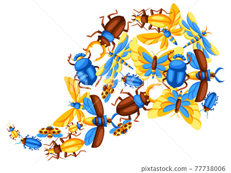 Background with insects. Stylized butterflies, beetles and dragonflies. 77738006