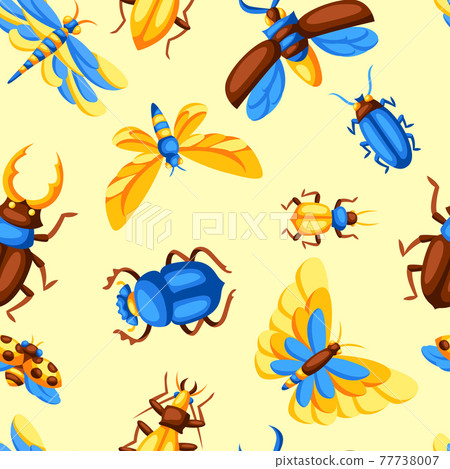 Seamless pattern with insects. Stylized butterflies, beetles and dragonflies. Seamless pattern with insects. Stylized butterflies, beetles and dragonflies. 77738007