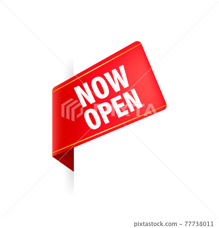 Vector now open red banner. Label with text in flat style. Vector illustration. 77738011