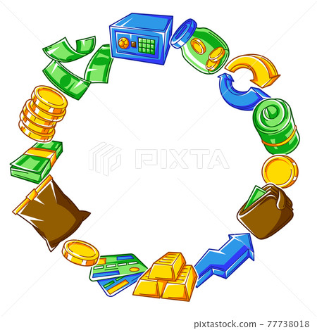 Banking frame with money icons. Business concept with finance items. Banking frame with money icons. Business concept with finance items. 77738018