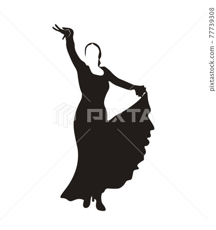 Flamenco black and white vector stock illustration. Silhouette of a dancer in a dress. Traditional Spanish dance. Isolated on a white background. Flamenco black and white vector stock illustration. Silhouette of a dancer in a dress. Traditional Spanish dance. Isolated on a white background. 77739308