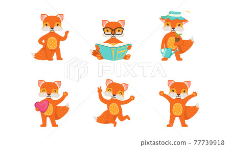Cute Little Fox Reading Book, Gardening and Waving Paw Vector Set 77739918