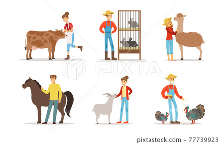 Farmers Breeding Livestock Feeding Farm Animals Vector Set 77739923