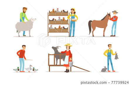 Farmers Breeding Livestock Feeding Farm Animals Vector Set 77739924