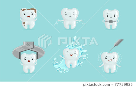 Cute White Tooth Character with Brace and Splashing in Water Vector Set 77739925