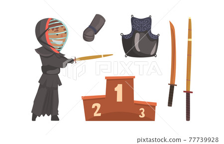 Kendo or Sword Path Attributes as Modern Japanese Martial Art with Bamboo Swords and Equipped Man in Helmet Vector Set 77739928